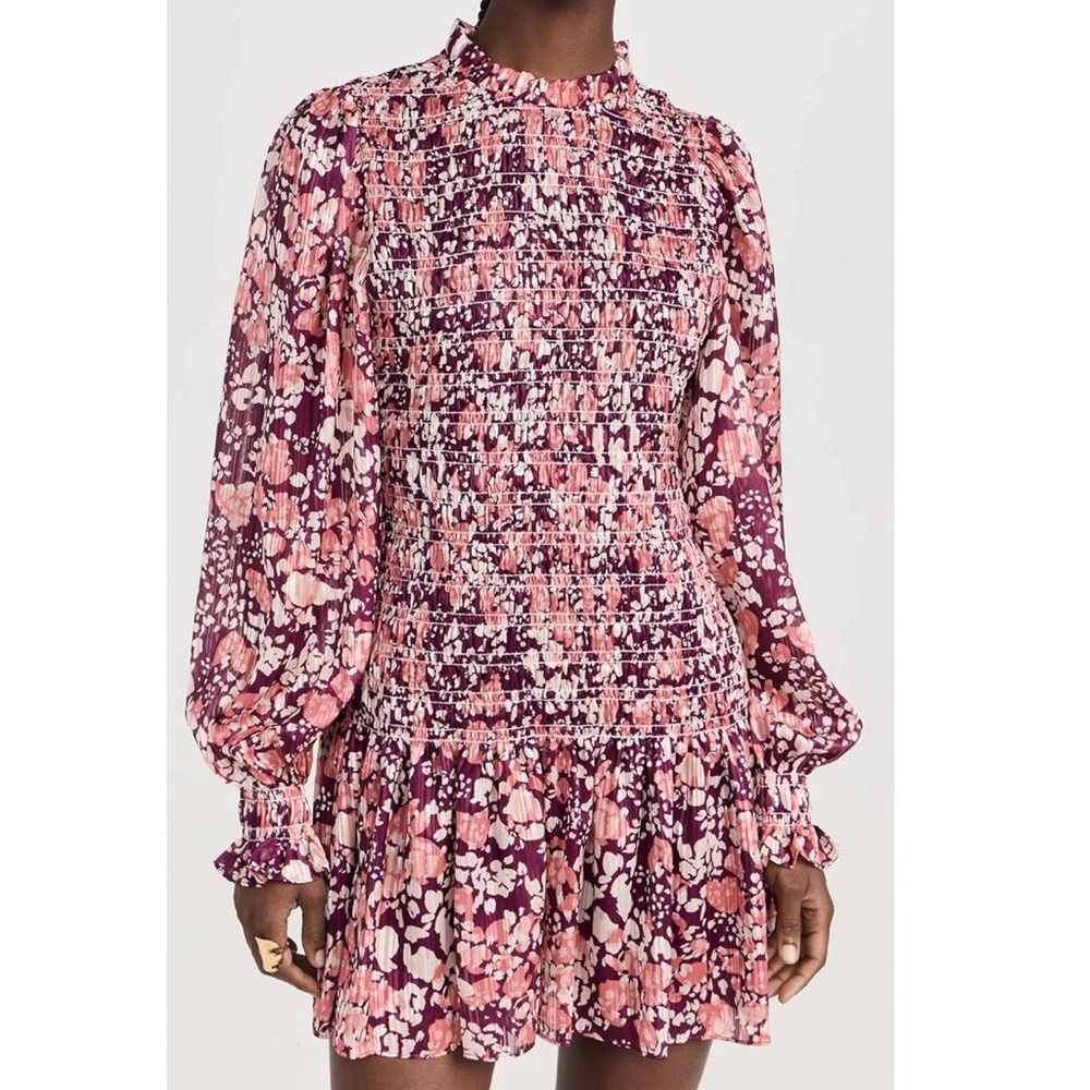 Ramy Brook Lucia Dress Cabernet Combo Abstract Spot Smocked Mini Women’s Large - Picture 7 of 7
